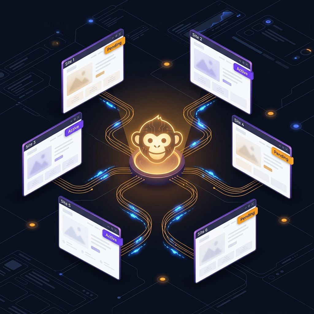 Blog Monkee multi-client orchestration — central hub connected to six client sites