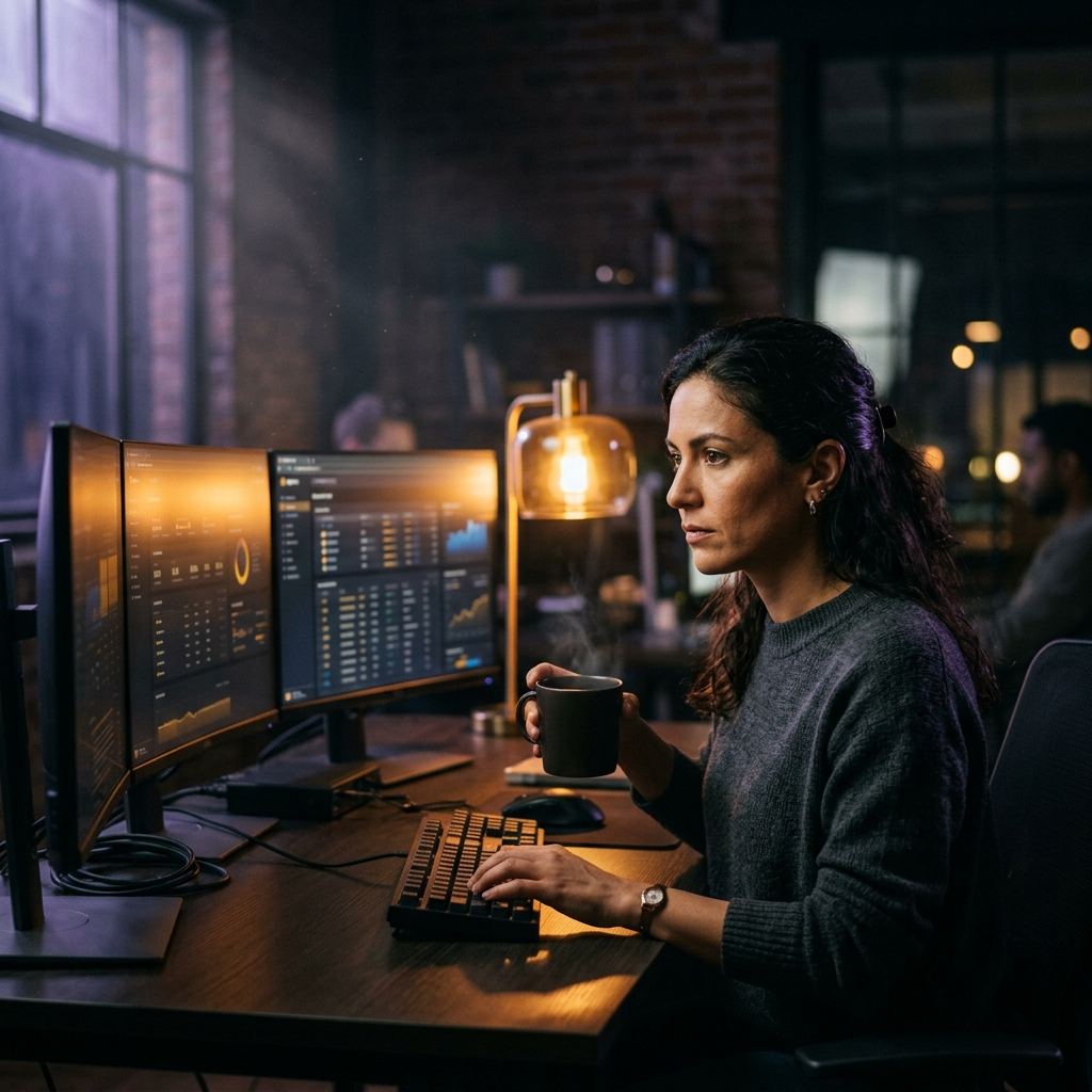 Agency operator at dark-mode workstation — Blog Monkee for agencies