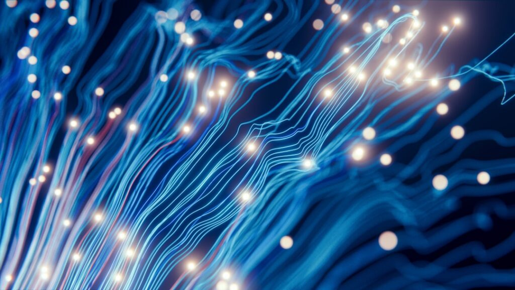 Abstract visualization of a modern knowledge graph, with glowing nodes and bright interconnected lines on a dark backgroun...