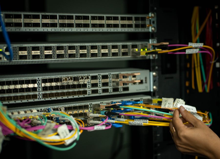 A well-lit, modern server room with perfectly organized cables and server racks, symbolizing a structured and defensible content pipeline.